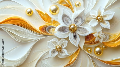 Abstract paper flowers, gold beads, swirls, cream background, wall art