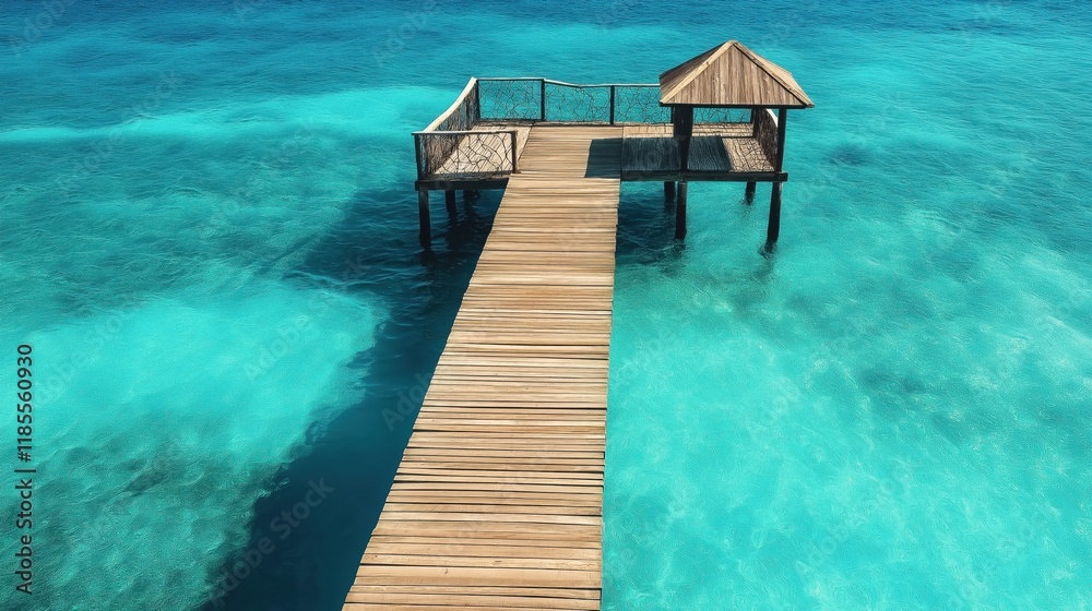 Fototapeta premium Aerial view of a wooden pier over the ocean with a wooden board for view