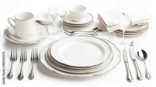 Elegant dining table setup with white plates, glassware, and silverware arranged neatly.