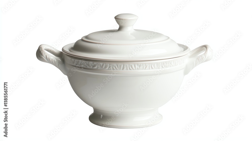 Elegant white soup tureen with lid, isolated on a white background. Elegant white soup tureen with lid, isolated on a white background.