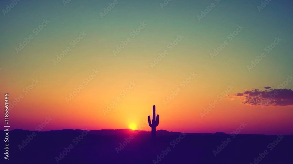 Vibrant Sunset Landscape with Silhouetted Saguaro Cactus in Desert Vibrant Sunset Landscape with Silhouetted Saguaro Cactus in Desert