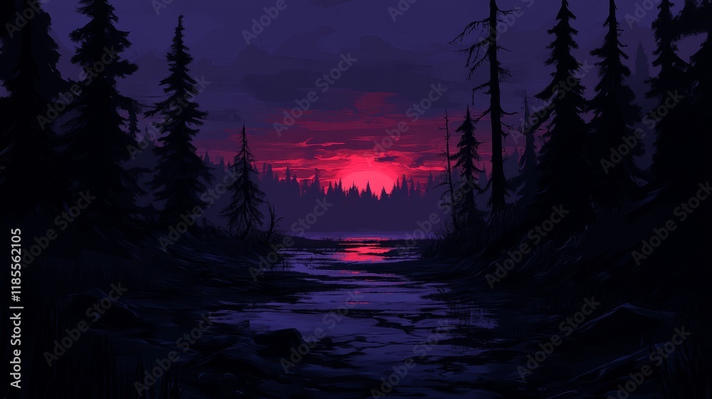 Fototapeta premium Crimson Sunset Over a Silhouetted Forest and Tranquil Stream