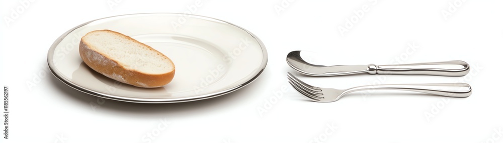 Bread slice on a plate with fork and knife, white isolate background Bread slice on a plate with fork and knife, white isolate background