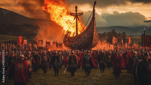 Up Helly Aa Festival, Viking ship burning procession in the middle of the field surrounded by participants in Viking warrior costumes, Ai generated images. photo