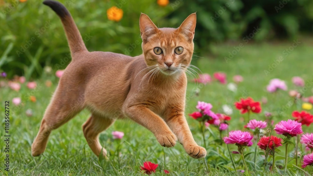 Fototapeta premium Sorrel abyssinian cat in flower field