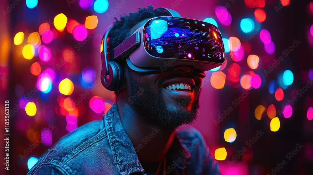 Immersive Virtual Reality Experience: A Man Smiles While Using a VR Headset, Surrounded by Colorful Lights