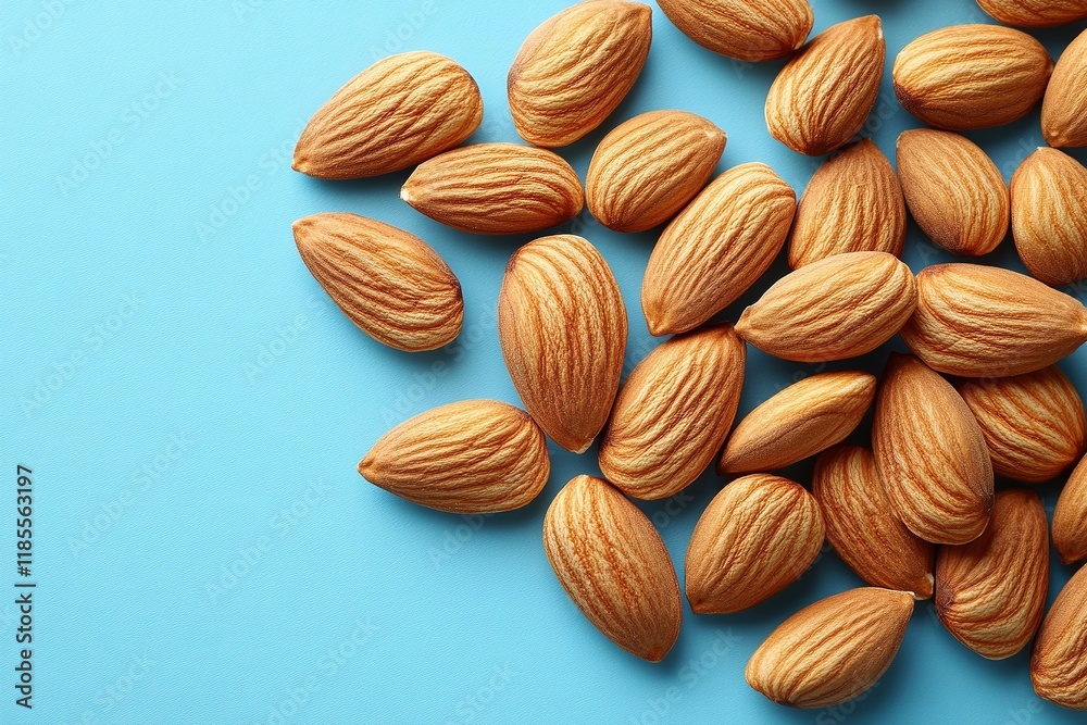 Almonds on blue background, food close-up, use as ingredient Almonds on blue background, food close-up, use as ingredient
