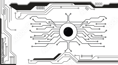 Abstract computer microprocessor circuit board vector background. Cyberpunk black circuit diagram on white background.