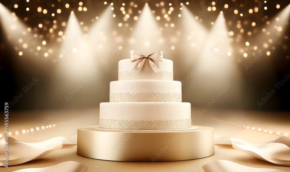 Fototapeta premium Elegant four-tier wedding cake on golden stand, spotlight background.