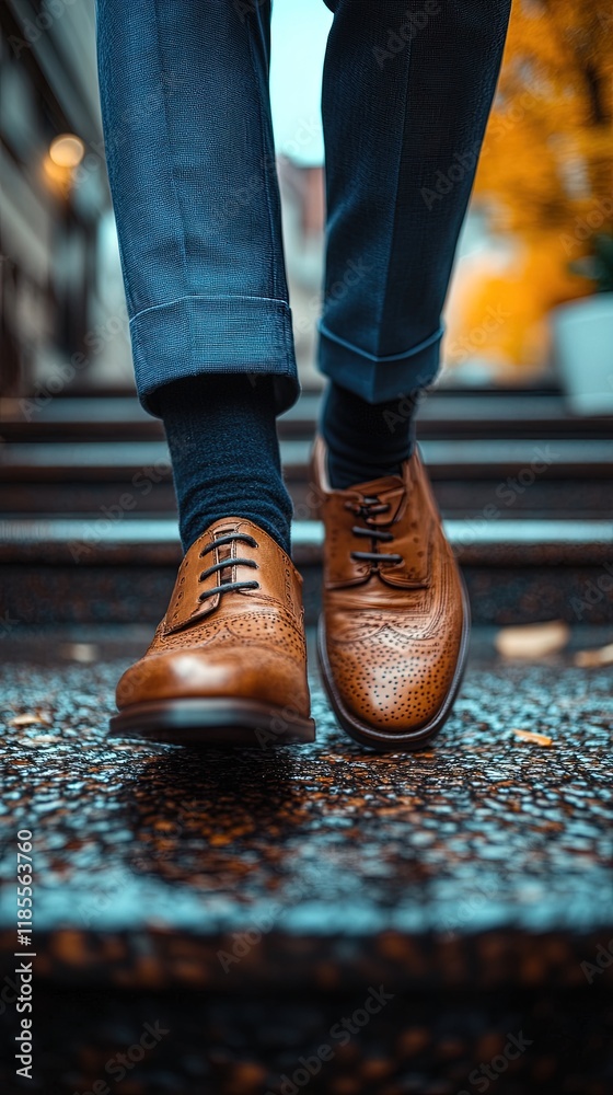 A close-up of a person walking down steps, showcasing stylish brown shoes and tailored pants against a blurred background. A close-up of a person walking down steps, showcasing stylish brown shoes and tailored pants against a blurred background.