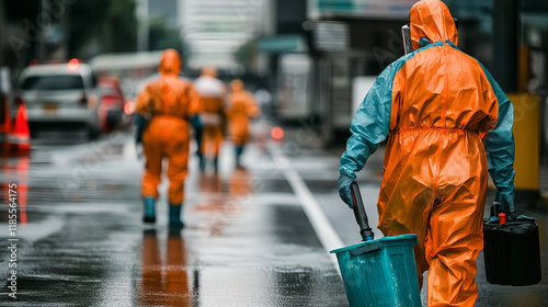 Professional Sanitation Team in Full Protective Gear: City Workers Disinfecting Streets During Rainy Weather for Public Health, Urban Safety, and Environmental Maintenance photo