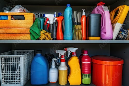 Cleaning supplies and towels are neatly organized on shelves photo