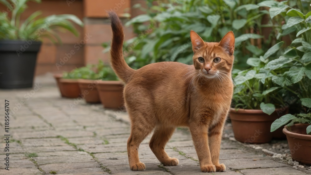 Fototapeta premium Sorrel abyssinian cat in the garden