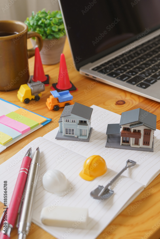 Fototapeta premium 住宅模型と勉強道具|宅建や建設系の資格勉強