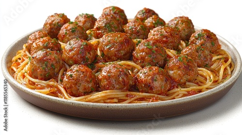 Classic Spaghetti and Meatballs on Rustic Plate Aplenty of Meatballs in Rich Tomato Sauce and Spaghetti Rustic Style Italian Cuisine Comfort Food Home Cooking Family Meal Dinner Party Holiday Food photo