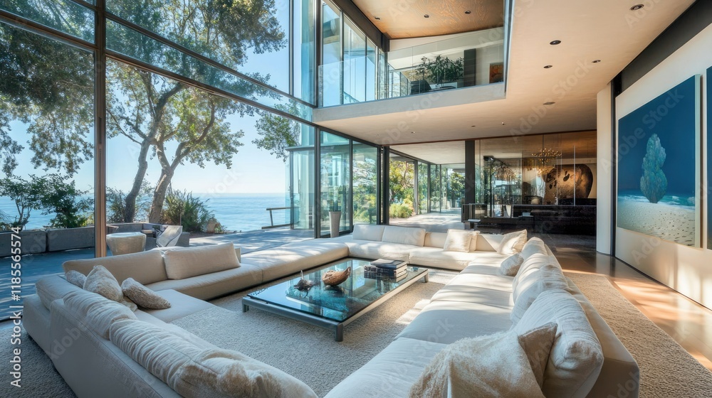 Fototapeta premium Oceanview Luxury Living Room: Modern Coastal Home Interior Design