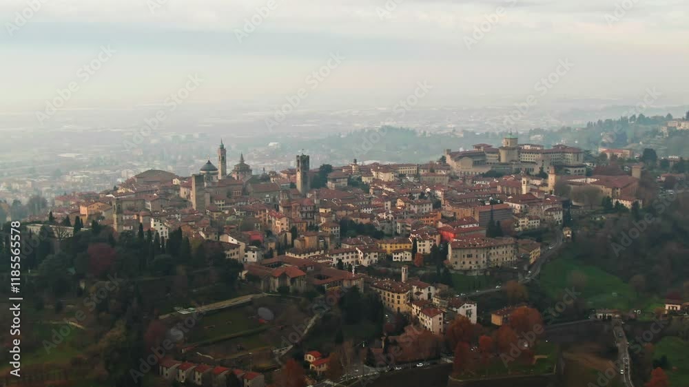 Drone shot rises and approaches Citta Alta in Bergamo, unveiling its historic beauty Drone shot rises and approaches Citta Alta in Bergamo, unveiling its historic beauty