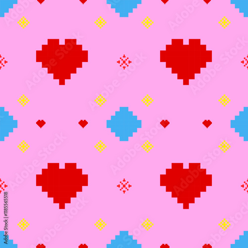 pixel style background, heart shape, seamless pattern