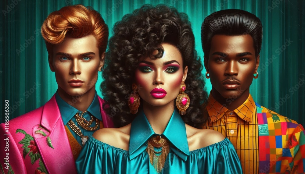 Retro 1950s style portrait, three glamorous figures, vibrant colors, pink and blue outfits, dramatic lighting, teal background, rockabilly hairstyles, vintage fashion, intense gazes, stylized makeup, Retro 1950s style portrait, three glamorous figures, vibrant colors, pink and blue outfits, dramatic lighting, teal background, rockabilly hairstyles, vintage fashion, intense gazes, stylized makeup,