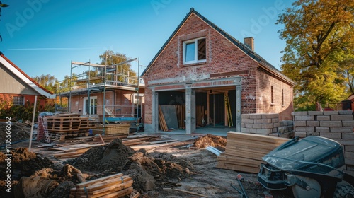 Brick garage adjacent to a house featuring a modern extension