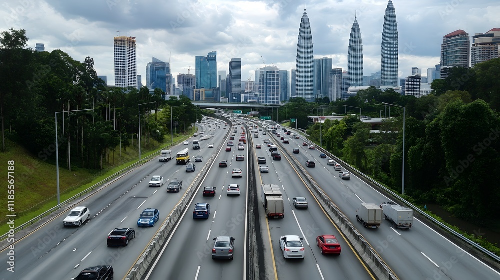 Fototapeta premium City Highway Traffic Flowing Towards Skyscrapers