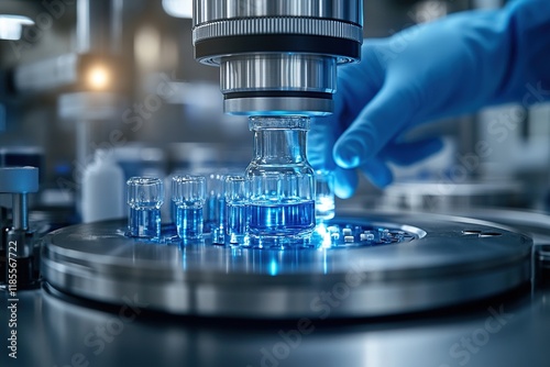 A laboratory scene showing a hand operating a microscope over glass vials filled with blue liquid.
