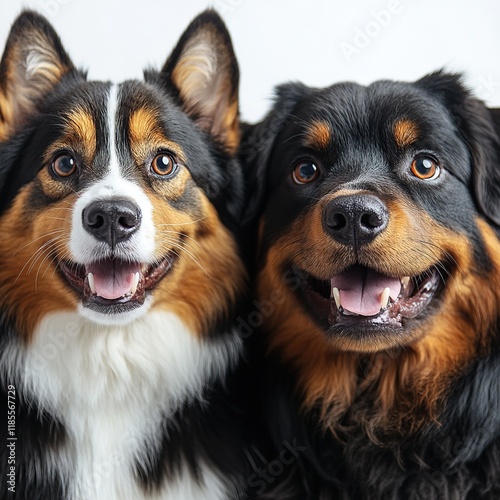 Two happy dogs posing together, showcasing their friendly expressions and fur patterns.