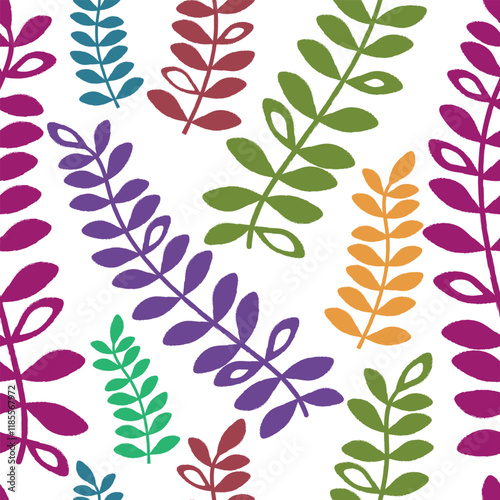 Vector illustration of grunge colorful leaves seamless pattern. Floral organic background. For textiles, wallpaper and packaging. Transparent background
