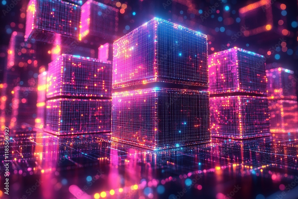 Fototapeta premium A vibrant digital landscape featuring glowing, interconnected cubes representing data and technology.