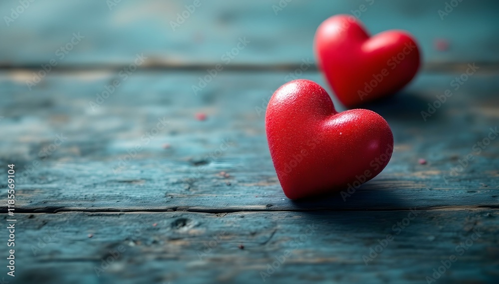 Valentine's Day background with two red hearts on a wooden background. Red hearts on glitter in shiny abstract background with defocused bokeh lights. Red decorative hearts resting on a rustic wooden Valentine's Day background with two red hearts on a wooden background. Red hearts on glitter in shiny abstract background with defocused bokeh lights. Red decorative hearts resting on a rustic wooden
