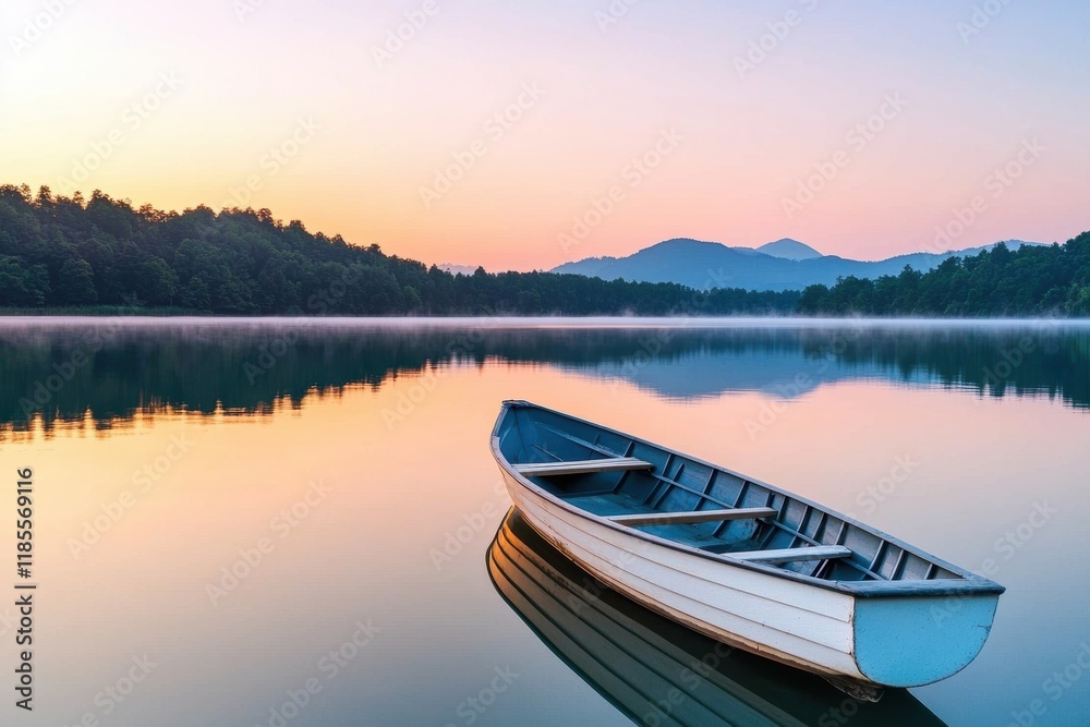Tranquil Sunset Reflection on Serene Lake with a Single Boat Tranquil Sunset Reflection on Serene Lake with a Single Boat