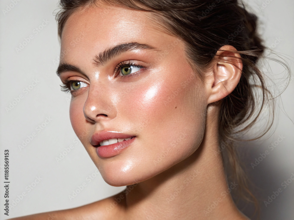 Naklejka premium Close-up portrait of young woman with radiant skin and highlighted cheekbones, stock photo