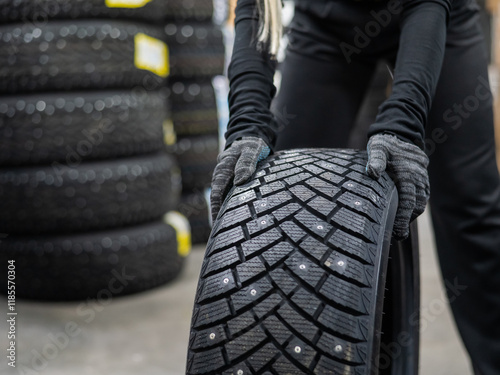 Mechanic keeps new studded car tires in garage. 