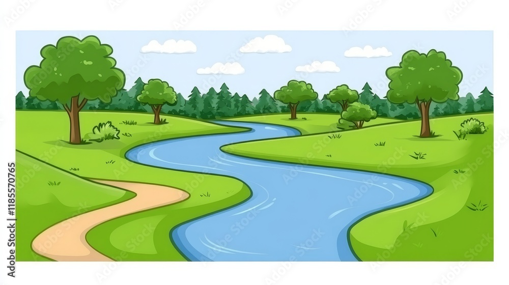 Naklejka premium Serpentine River Winding Through Lush Green Meadow Landscape