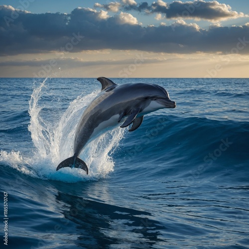 A baiji dolphin jumping in a sea of glowing blue and silver waves.