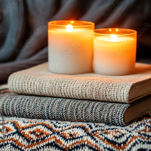 Dimly lit reading spot with blankets, gentle lighting, shadows creating a peaceful mood photo