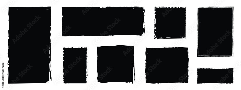 Rectangle Brush stroke, ink paint brush, grunge box. Black square shapes with brush borders on white background. Vintage grunge boxes for collage, text, banner, sticker, poster design.