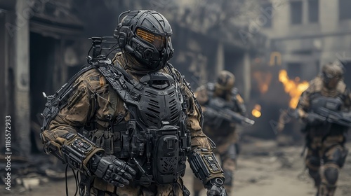 Advanced soldiers in exoskeleton suits swiftly moving through urban ruins military action warzone intense environment