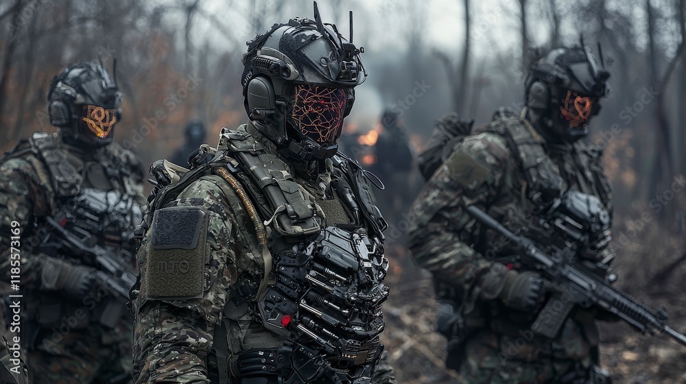 Combat operations with soldiers using ai-driven defense tech and exoskeletons forest military imagery close-up Combat operations with soldiers using ai-driven defense tech and exoskeletons forest military imagery close-up