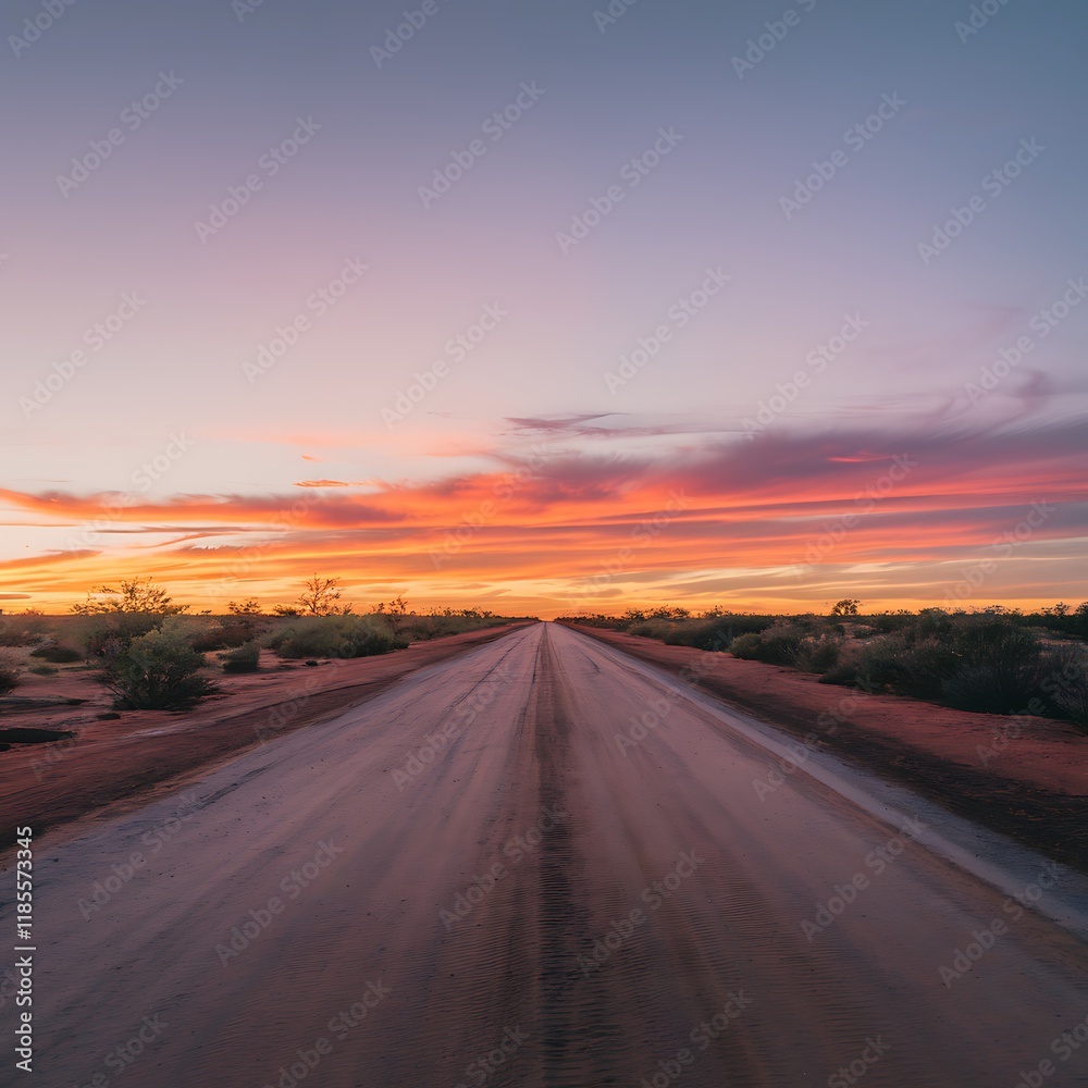 A long, straight desert road vanishes into a vibrant sunset. Pink, orange, and purple hues paint the sky. Sparse vegetation lines the roadside. A long, straight desert road vanishes into a vibrant sunset. Pink, orange, and purple hues paint the sky. Sparse vegetation lines the roadside.