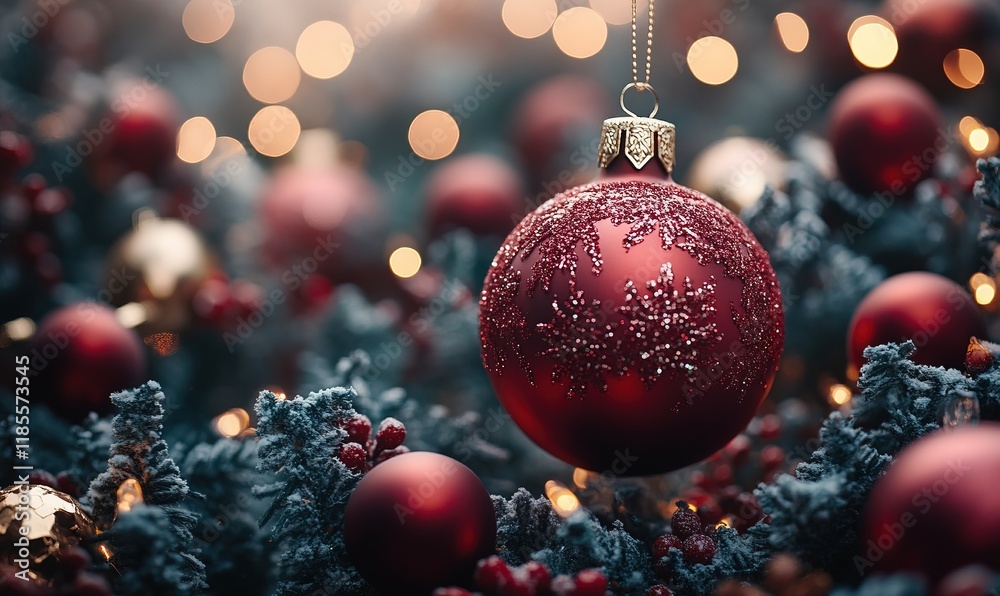 A close-up of a red Christmas ornament hanging among greenery and soft lights, evoking a festive atmosphere. A close-up of a red Christmas ornament hanging among greenery and soft lights, evoking a festive atmosphere.