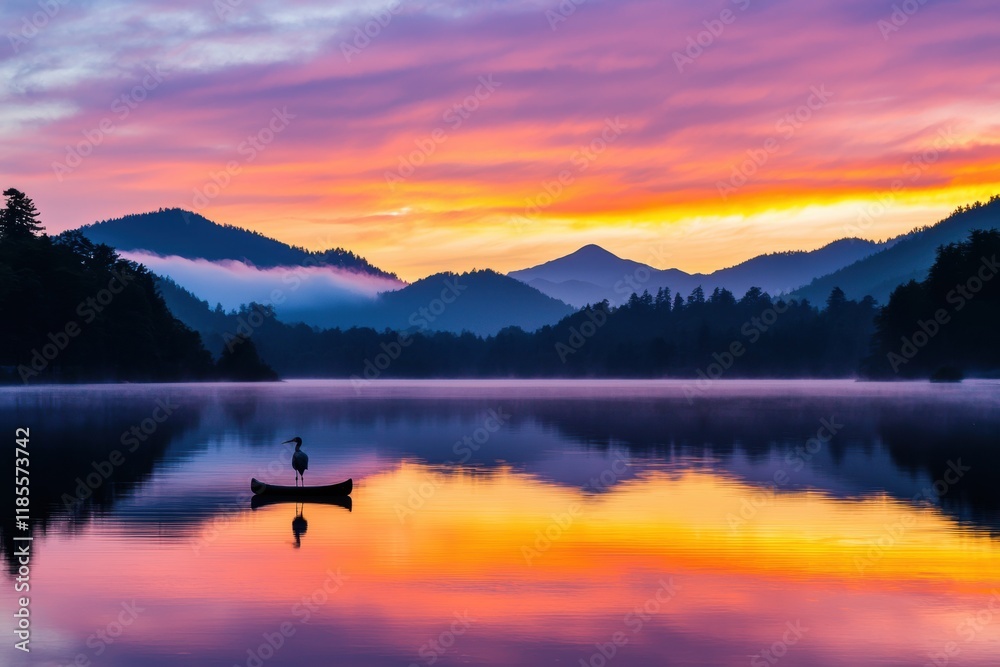 Fototapeta premium Serene Sunset Over Mountain Lake with Canoe and Reflective Waters