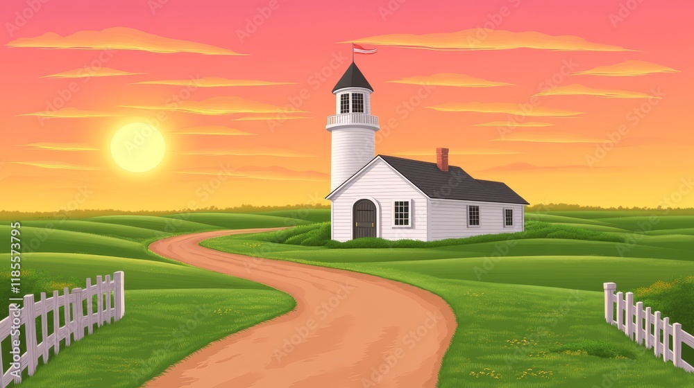 Naklejka premium Serene Sunset Over a Country Church and Winding Road
