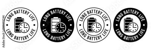 Long battery life icon set. Long battery life logo, label, badge, symbol, banner, line, flat vector, isolated illustration. Long lasting icons. Long battery life label for product packaging design.