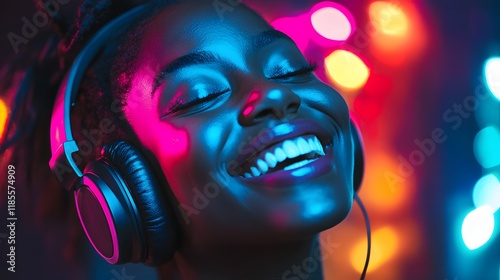 Woman enjoying music with headphones in vibrant neon light photo