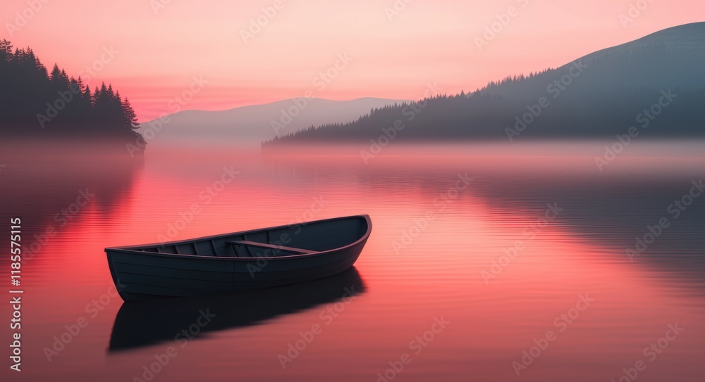 Naklejka premium Serene Sunset Over Calm Lake with Solitary Rowboat in Mist