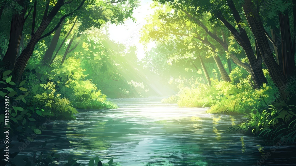 Fototapeta premium Serene River in a Lush Forest: A Digital Painting of Tranquil Nature