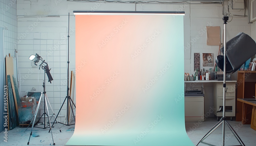 Chic Studio Space with Aqua to Coral Gradient Backdrop Chic Studio Space with Aqua to Coral Gradient Backdrop