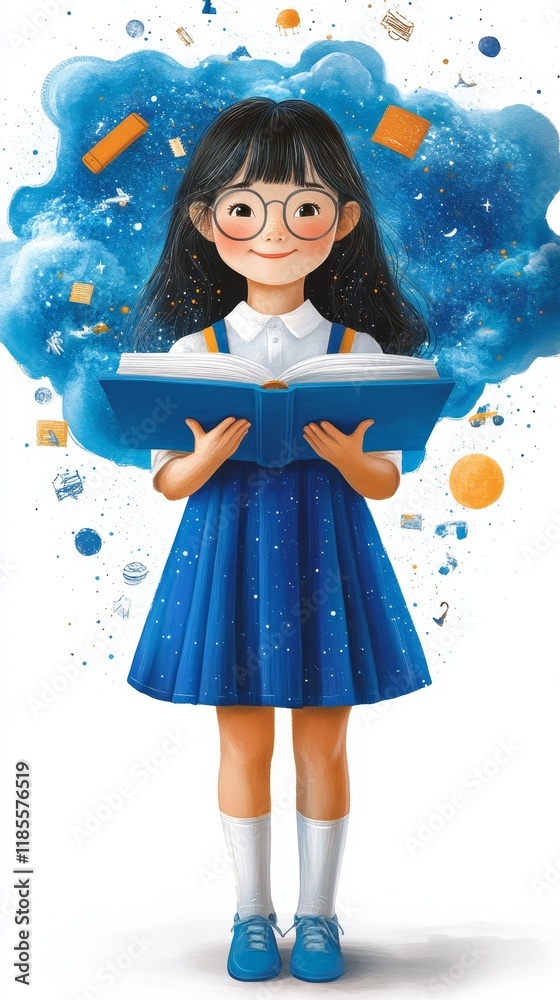 A young girl engrossed in a book, surrounded by a vibrant, swirling nebula of knowledge A young girl engrossed in a book, surrounded by a vibrant, swirling nebula of knowledge