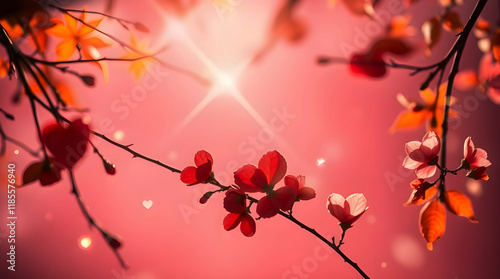 Romantic Red Heart-Shaped Flowers Against Pink Background Beautiful Heart-Shaped Leaves and Blossoms for Valentine’s Day Elegant Red Floral Branches with Love-Themed Aesthetic